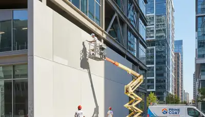 Professional commercial painters finishing office exterior in Highland Park, IL