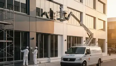 Professional commercial painters working on office exterior in Highland Park, IL