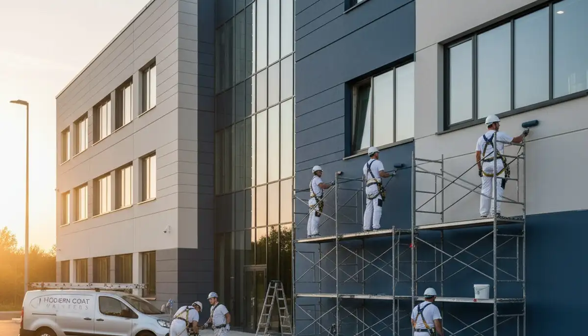 Professional commercial painters refinishing office exterior in Highland Park, IL