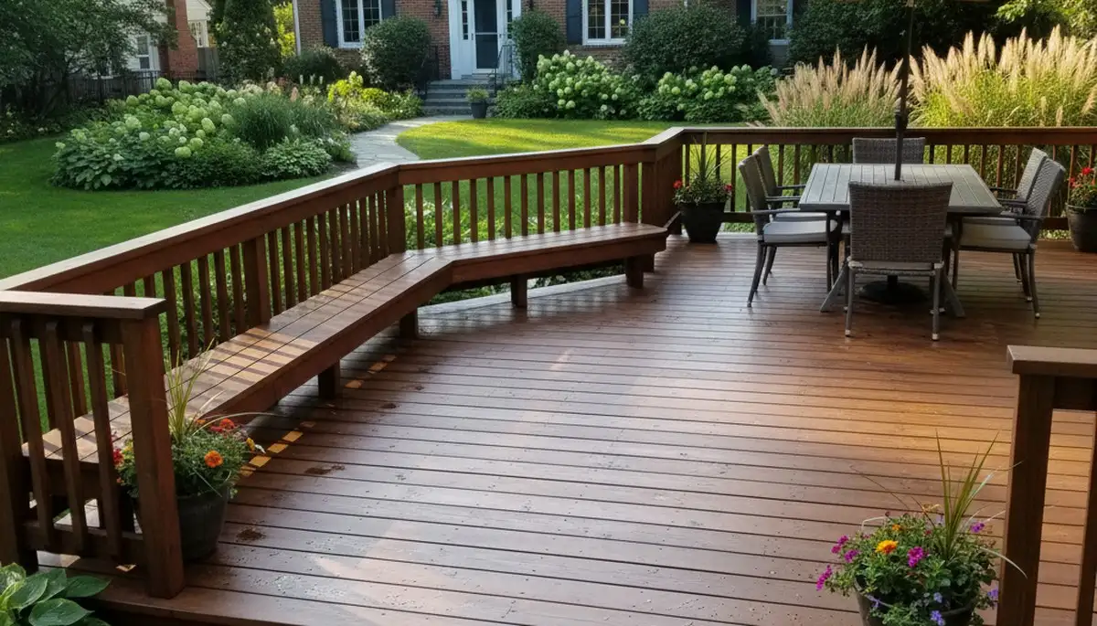 Finished deck staining in Highland Park, IL highlighting rich wood tones and weather-resistant protection