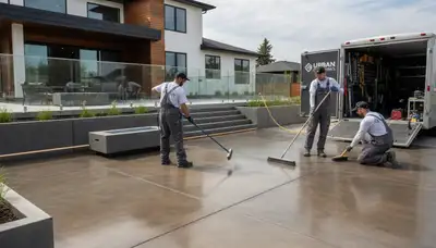 Professional concrete staining on residential garage floor in Highland Park, IL for durable, modern finish