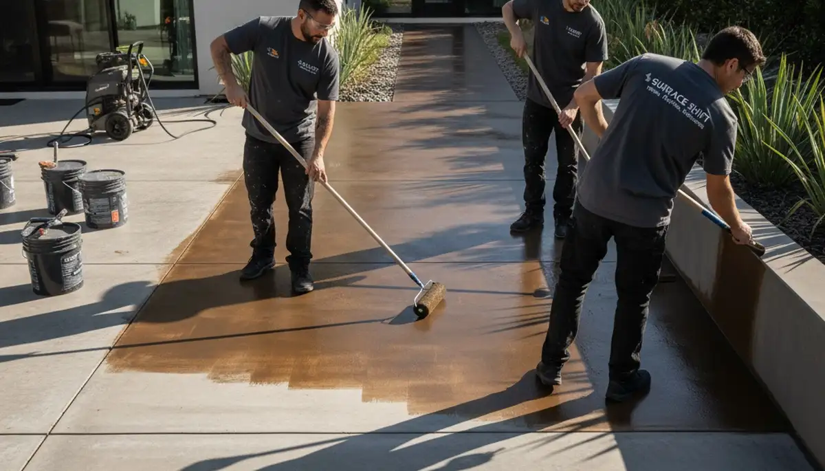 Professional concrete staining on residential garage floor in Highland Park, IL by expert painters