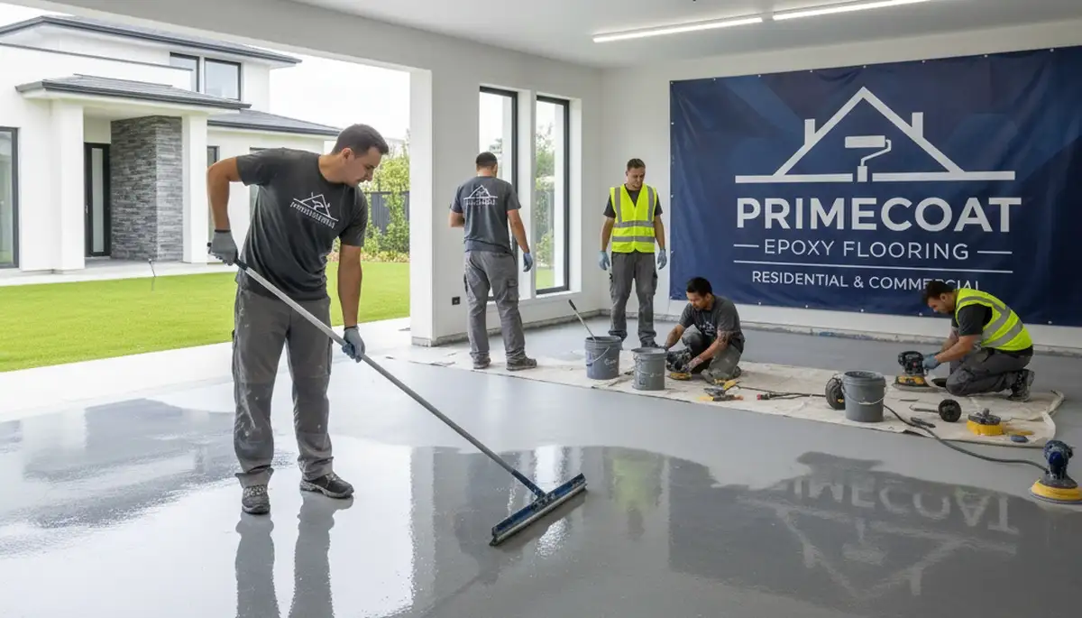Professional epoxy floor coating in a Highland Park IL garage by local house painting experts