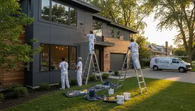 Professional house painters working on exterior home in Highland Park IL