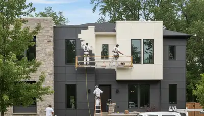 Professional house painters working on exterior home in Highland Park IL