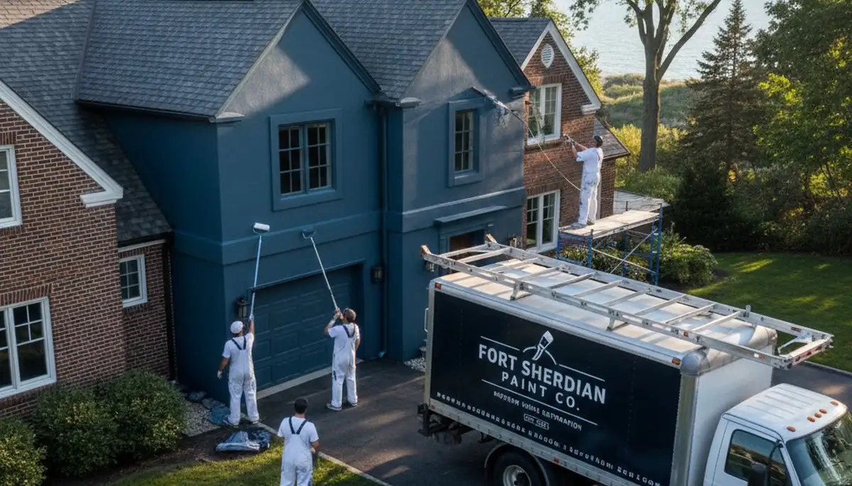 Professional house painters working on exterior home in Highland Park IL