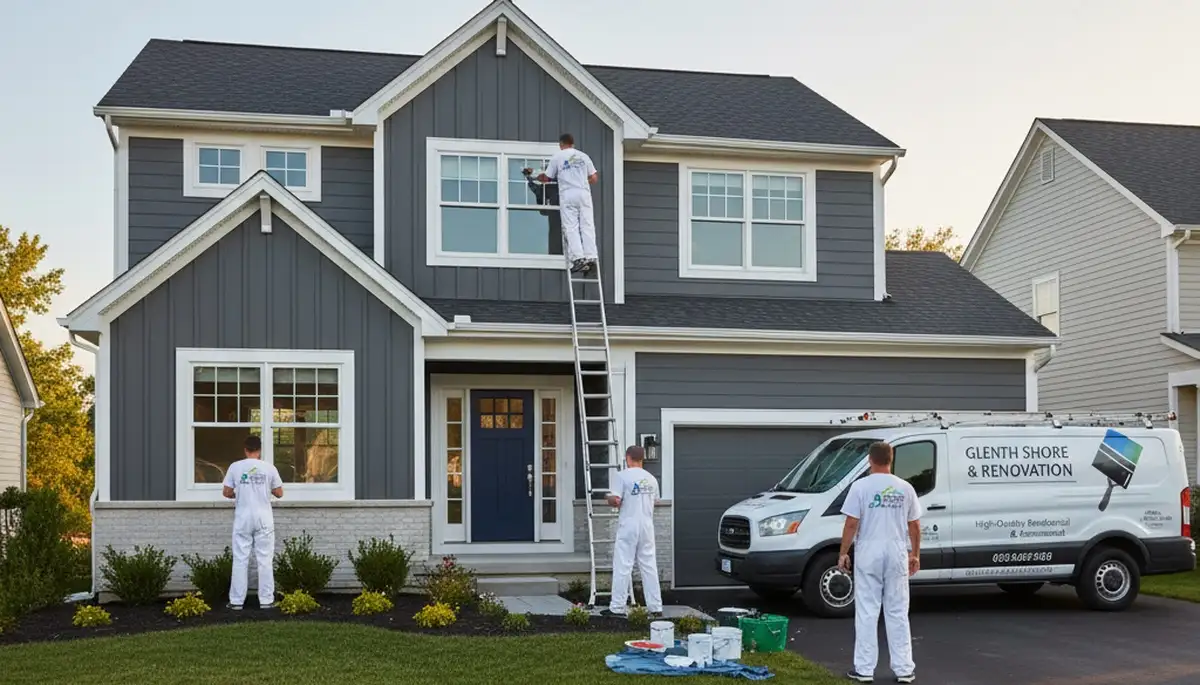 Professional house painters finishing exterior home in Highland Park IL