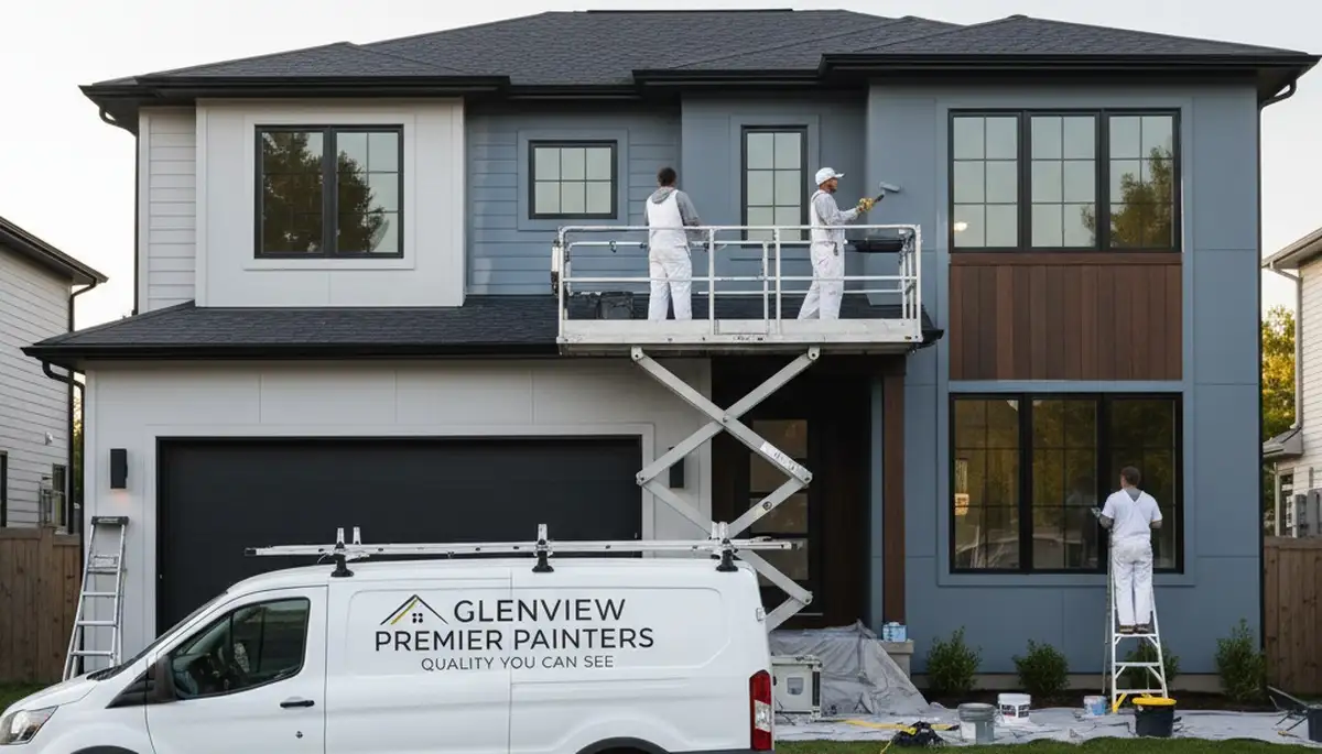 Professional house painters working on exterior home in Highland Park, IL