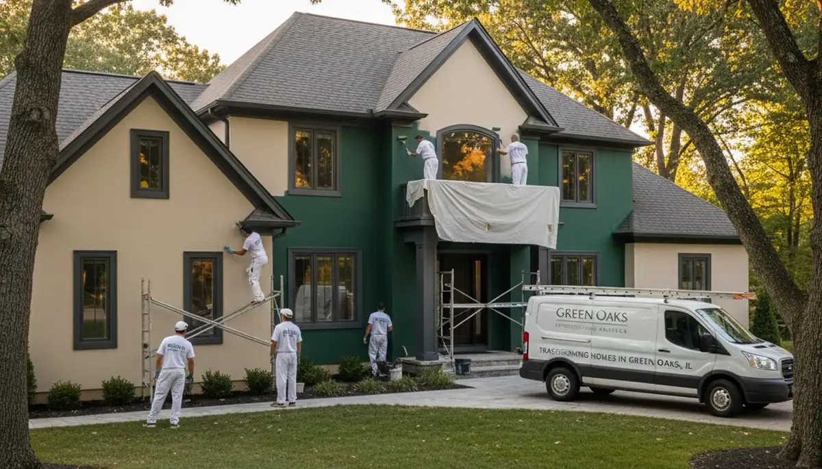 House painters in Highland Park, IL painting a home exterior with professional finish