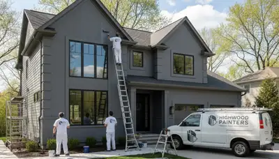 Professional house painters working on exterior home in Highland Park, IL