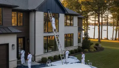 Professional house painters working on exterior home in Highland Park, IL