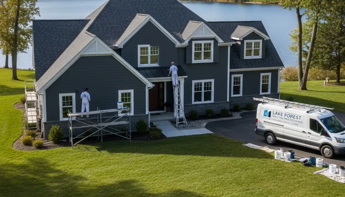 Professional house painters in Highland Park IL applying exterior paint to a modern suburban home