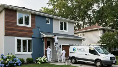 Professional house painters working on exterior home repaint in Highland Park, IL