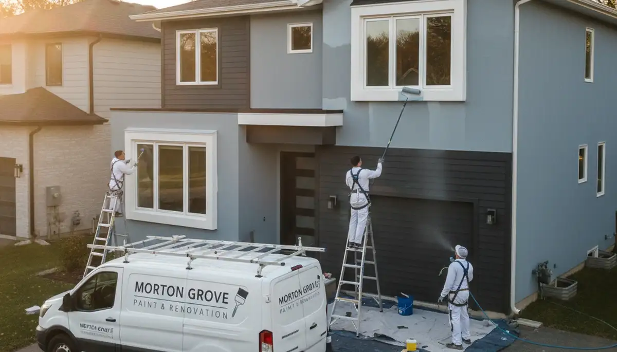 Professional house painters working on exterior home in Highland Park IL