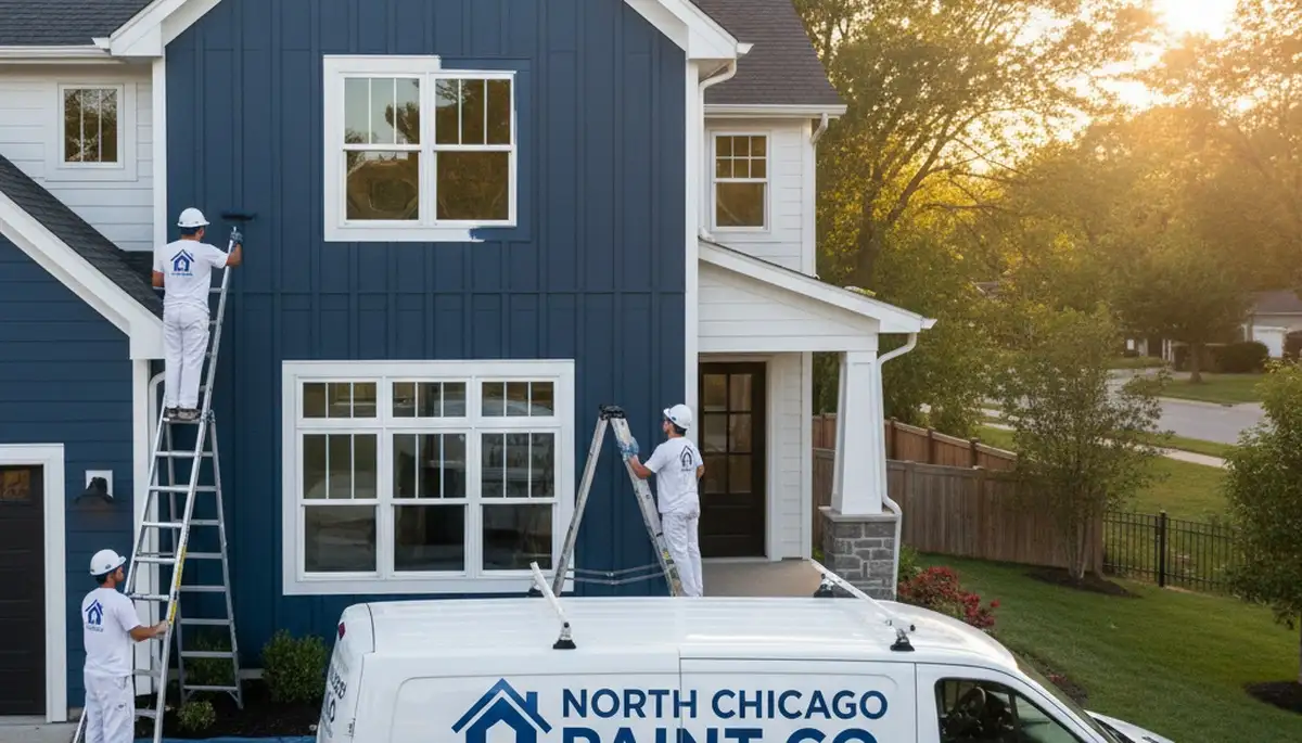 Professional house painters working on exterior home in Highland Park IL