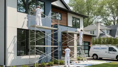 Professional house painters working on exterior home repaint in Highland Park IL
