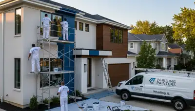 Professional house painters in Highland Park IL applying exterior paint to a suburban home façade