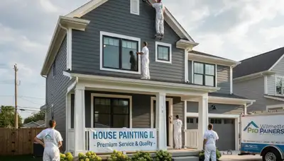 Professional house painters in Highland Park IL applying exterior paint to a modern suburban home