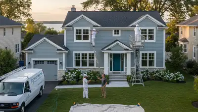 Professional house painters in Highland Park IL applying fresh exterior paint to a suburban home