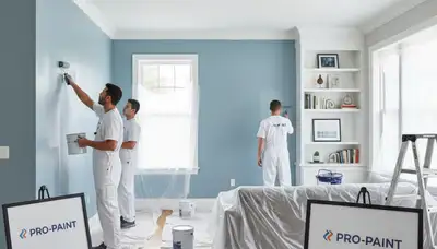 Professional interior house painters finishing living room walls in Highland Park, IL home