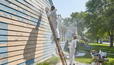 Pro painter sanding exterior siding for new paint prep in Highland Park IL home exterior project