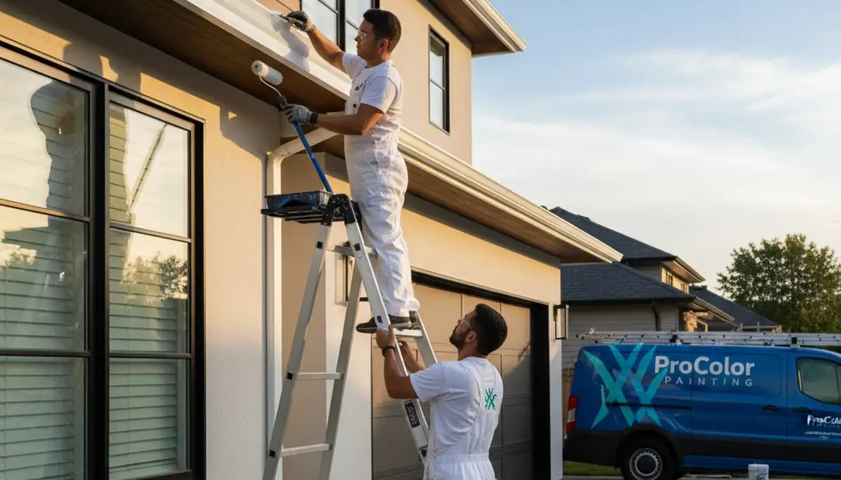Professional trim and fascia painting on Highland Park IL home exterior by expert house painters