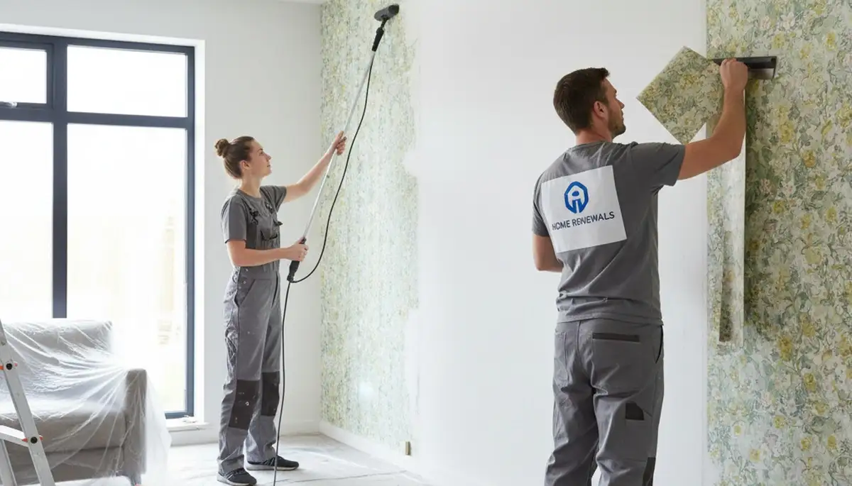 Technician removing old wallpaper in Highland Park IL home during expert wall prep and painting service