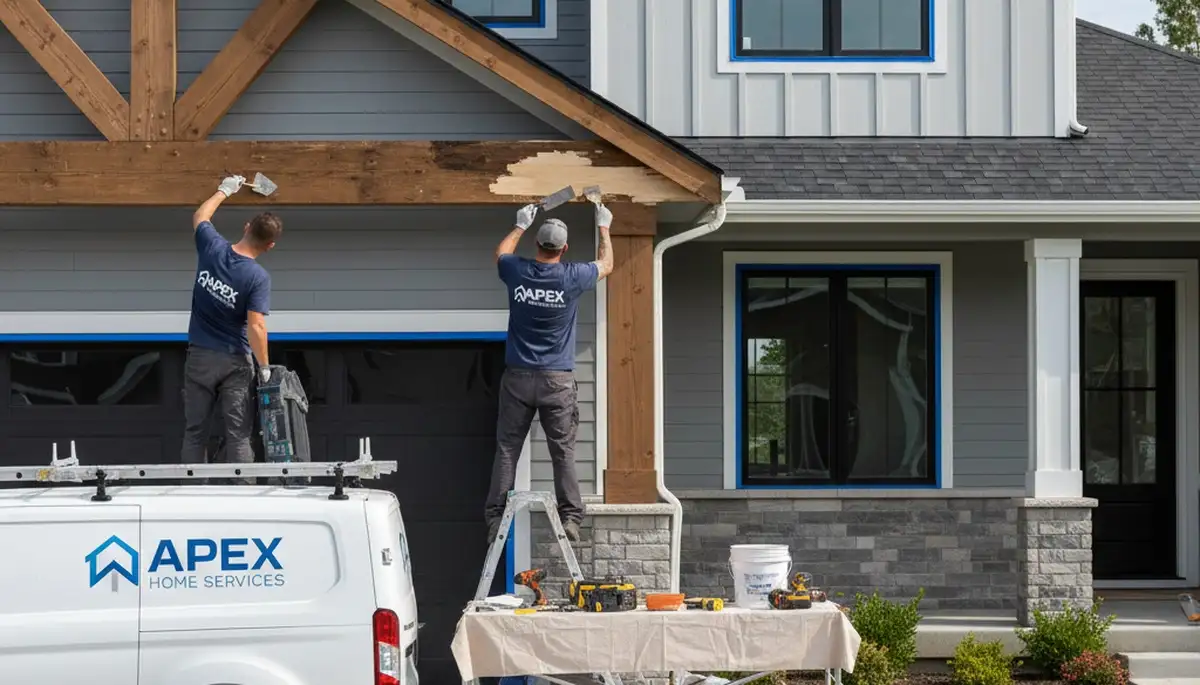 Contractor repairing exterior wood rot on Highland Park IL home siding and trim